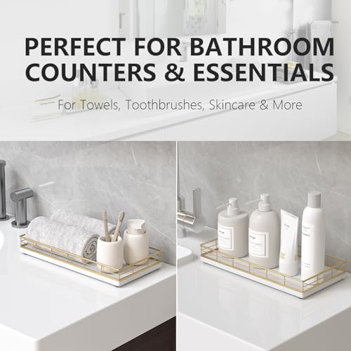 Toilet Paper Basket Organizer, Oak Wood Toilet Tank Tray with Metal Frame | Bathroom Counter Top Storage for Toilet Paper, Wipes & Decor, Modern Narrow Back of Tank Shelf Organizer, Gold & White - color: Gold & White, size: 13" x 6.5" x 2"