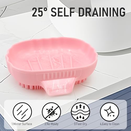 Silicone Soap Dish with Drain 2 Pcs, Anti-Slip Bathroom Bar Soap Holder Dishes Self Draining Waterfall Saver Plate for Shower Sink - Unique Bottom Brush Easy Dry & Clean (Pink + Lavender Grey) - color: Pink + Grey