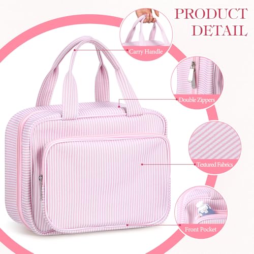 Huhumy Hanging Toiletry Bag for Women with Detachable Pouch, Travel Toiletry Bag, Travel Size Toiletries, Cosmetic Bags, Seersucker Makeup Bags Gifts for Her Mom Girlfriend Wife Teacher(Pink) - color: Pink