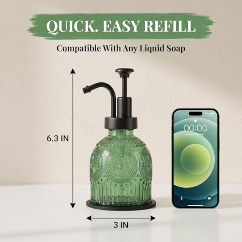 Vintage Glass Soap Dispenser 2 Pack for Bathroom Kitchen, with Black Pump and Non-Slip Mat, Refillable for Hand Soap, Dish Soap, Lotion, Shower Gel, Modern Farmhouse Decor (8 oz, Green) - color: Green