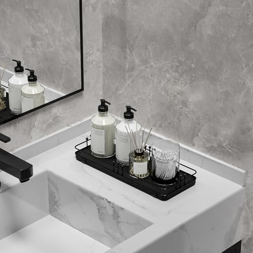 Bathroom Vanity Tray for Countertop Toiletries Perfume Makeup Soap Dispenser Toilet Tank, Kitchen Tray for Salt Spice, Black Decor Tray for Candle Nightstand Coffee 11.3”x 4.4” - color: Black + Black, size: 11.3" x 4.4" x 1.6"