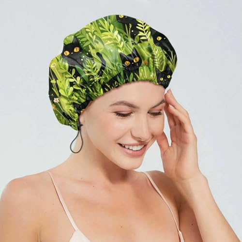 2 PCS Shower Cap Reusable Waterproof Double Layers Hair Caps Shower Bath Adjustable Elastic Hat for Women Girls Cute Aesthetic-Grass Black Cat - color: AI14-Grass Black Cat