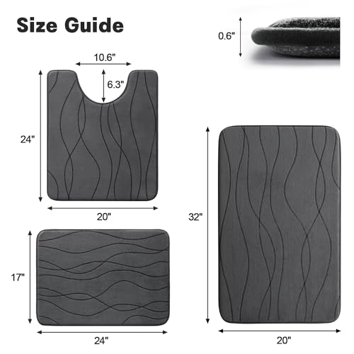 YIHOUSE Memory Foam Bathroom Rug Set, 3 Pieces - Dark Grey (Ultra Soft, Absorbent, Non-Slip, Machine Washable) | Ultra Soft, Absorbent, Non-Slip, Machine Washable, for Bathroom, Sink and Toilet - color: Dark Grey, size: 2'9" x 1'8" (Rectangular)