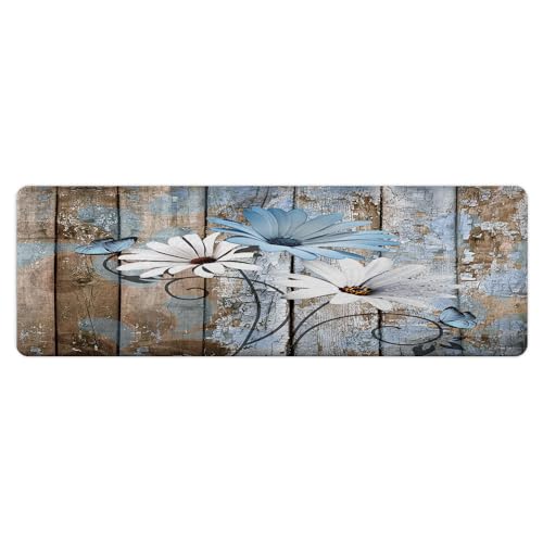 Farmhouse Floral Flower Bath Mat, Daisy Rustic Wooden Plank Country Barn Wood Blue Flower Non-Slip Flannel Soft Doormat Floor Entryways Outdoor Indoor Front Door Mat, (16X48) - color: Blue-01, size: 1'4" x 4' (Rectangular)
