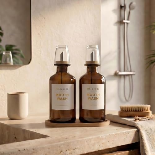 11.8OZ Glass Mouthwash Dispenser for Bathroom with Stainless Steel & Bamboo Nozzle, Mouthwash Cup Reusable, Bamboo Tray, and Elegant Gold Sticker.Set of 2（Amber - color: Amber/350*2