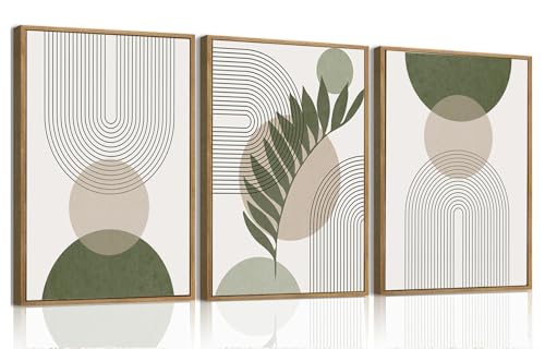 Bwodke Boho Wall Art, Framed Abstract Wall Art, Sage Green Canvas Wall Decor, Mid Century Line Leaf Geometric Pictures Set of 3, Minimalist Paintings, for Bedroom Living Room Bathroom 12"x16" - color: Sage Green, size: 12"x16"Natural