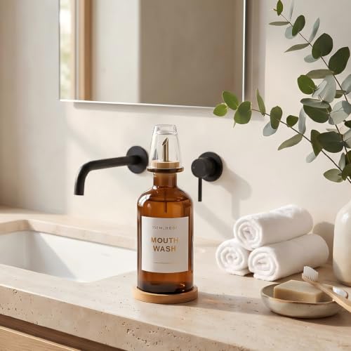 11.8OZ Glass Mouthwash Dispenser for Bathroom with Stainless Steel & Bamboo Nozzle, Mouthwash Cup Reusable, Bamboo Tray, and Elegant Gold Sticker.（Amber - color: Amber/350*1