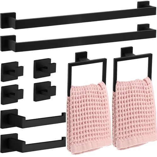 Gisafai 10 Pcs Black Bathroom Hardware Accessories Set 23.6 Inch Bath Towel Bar Kit Stainless Steel Bathroom Hardware Set Towel Racks Ring Robe Hooks Paper Holder for Wall Mounted - color: Black