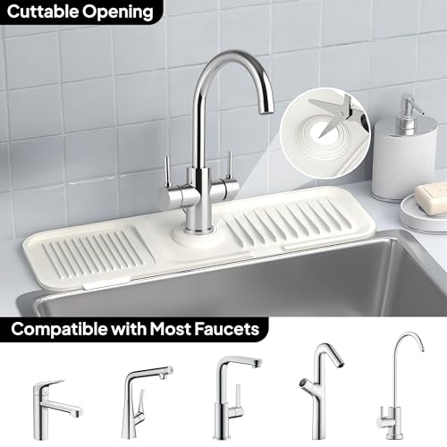 17 Inch Silicone Faucet Mat for Kitchen Sink Splash Guard & Draining Tray Sink Protector with Soap & Sponge Holder White (Purest Peak) - color: White, style: 17.7 Inch