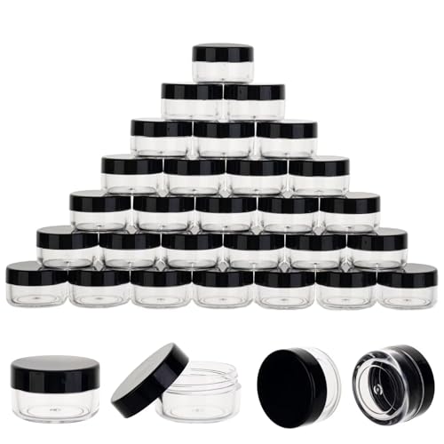 50 Count 5 Gram Sample Containers, Clear Lip Balm Containers with Lids, Small Plastic Sample Jars with 4 Mini Spoons, 50pcs Labels (Black Lid) - color: Black, size: 50 Count