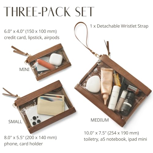 Popvibe Clear Makeup Bag with Zipper Travel Pouch Organizer Bag for Purse Cosmetic Bag Women Clear Travel Bag for Toiletry Traveling Car Essential Make Up Bag Set 3 Pack Brown - color: Brown