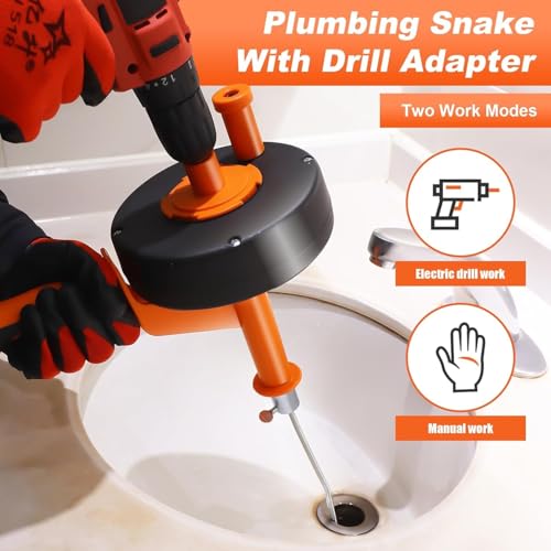 Drain Auger 25ft, Drain Clog Remover with Drill Adapter, Flexible Plumbing Snake for Kitchen, Bathroom & Shower, Manual or Drill Powered Drain Snake - size: 25ft Drain Auger + Tool Kit