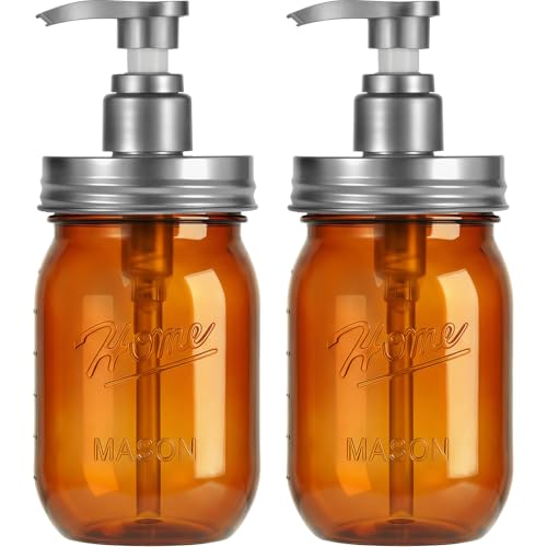 Amolliar Plastic Mason Jar Soap Dispenser with Pump Lid,16OZ Refillable Hand Soap Dispenser Set with Cute Lables - Farmhouse Decor for Kitchen Bathroom, Liquid Soap, Dish Soap, Lotion (2 Pack, Amber) - color: Amber Jar With Silver Pump