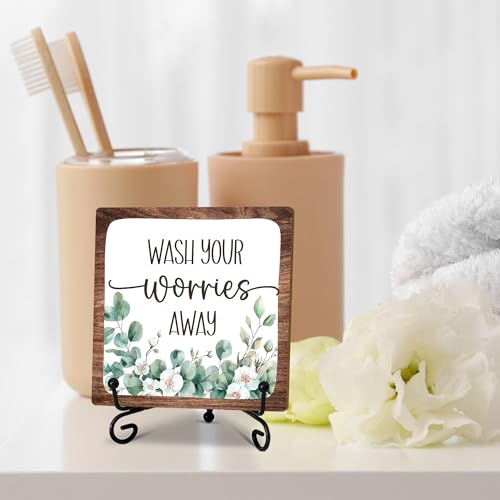 5" Bathroom Decor, Wash Your Worries Away Sign, Sage Green Bathroom Laundry Room Decor, Bathroom Guest Bathroom Decoration, Funny Toilet Bathroom Plaque Sign Table Shelf Decor-A01 - color: Wash Your Worries-01