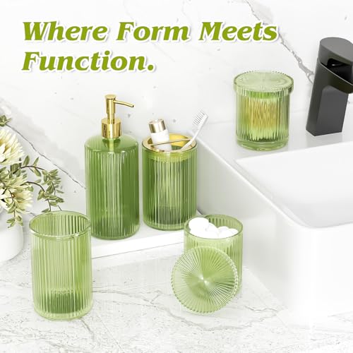 BSSN 5-Piece Green Glass Bathroom Accessories Set - Vintage Ribbed Thick Glass - Includes Soap Dispenser, Toothbrush Holder, Tumbler, 2 Q-tip Jars - Retro Bathroom Counter Organizer & Decor - color: Green, size: 5 Pieces