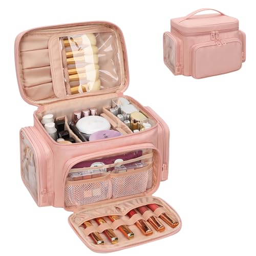 Bagmoly Large Makeup Bag, Portable Travel Makeup Bag Organizer for Women Girls with Makeup Brush Compartment & Two Side Pockets, Cosmetic Travel Bag Vertical Storage Toiletry - Pink - color: 03-Pink, size: Medium
