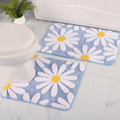 QJHOMO Bathroom Rugs Set 2 Piece, Cute Daisy Bath Mat Blue Toilet Rug U Shaped, Flower Deocr Bathroom Set Non Slip Contour Bathmat, Super Absorbent Microfber Floor Mats Machine Washable Carpets - color: Blue, size: 1'8" x 2' (Rectangular & U-Shape)