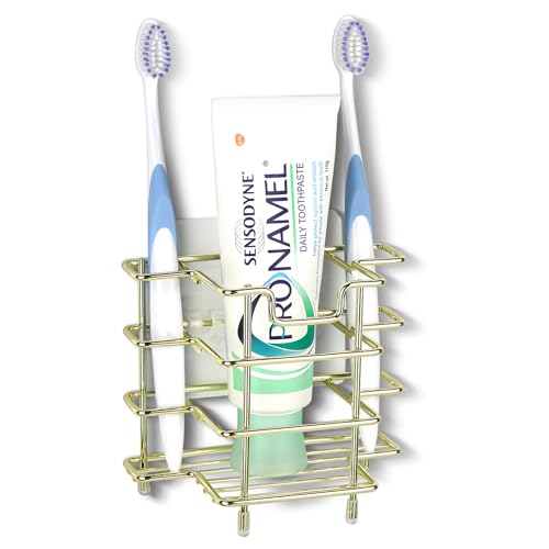 Linkidea Wall Mount/Countertop Toothbrush Holder for Shower, Stainless Steel Toothpaste Stand, 3 Slots Organizer Compatible with Colgate Extra Clean, Oral-B CrossAction (Gold) - color: Gold