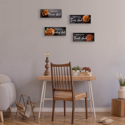 ONIZHITY 4Pcs Orange Bathroom Decor Orange Wall Decor Religious Bible Verse Orange Rose Wall Decor Rustic Wooden Christian Sign for Home Bathroom Office Bedroom Living Room Kitchen(orange 10x4) - color: Orange Rose