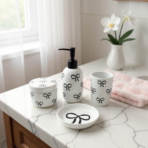 Pink Bathroom Set, 4 Pcs Ceramic Bathroom Accessory Sets - Soap Dispenser, Tumbler Toothbrush Holder, Vanity Soap Tray, Cotton Swab Jars - Pink Bathroom Decor Gift for Her (Black) - color: Black