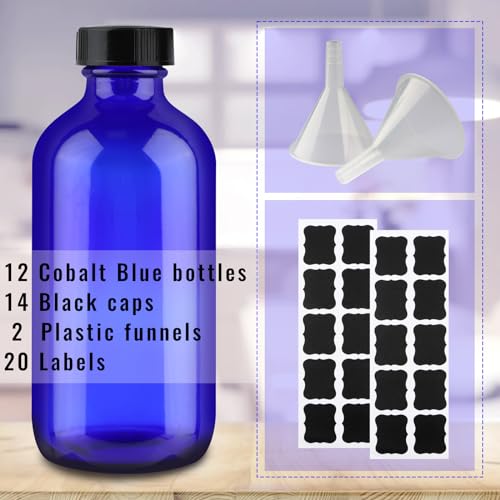PINIWON 12 Pack 8 oz Cobalt Blue Glass Bottles, 240ml Boston Round Sample Bottles with Black Poly Cone Caps, Labels and Funnels - color: Cobalt Blue-12 pack
