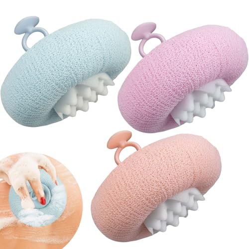 3Pcs 2-in-1 Sunflower Bath Ball, Super Soft Exfoliating Bath Sponge Cleaning Brush, Bath Loofah Sponge，Hangable Suction Cup Bath Ball for Women Men(Pink+Blue-Green+Purple) - style: Pink+Blue-Green+Purple