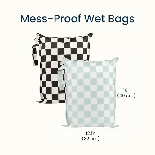 Tiny Twinkle Mess Proof Wet Bags | 2-Pack Reusable Waterproof Wet Bags for Swimsuits | Baby Clothes | Travel & Diaper Bag (Black, Green Checkers) - color: Black, Green Checkers, size: 2 Pack