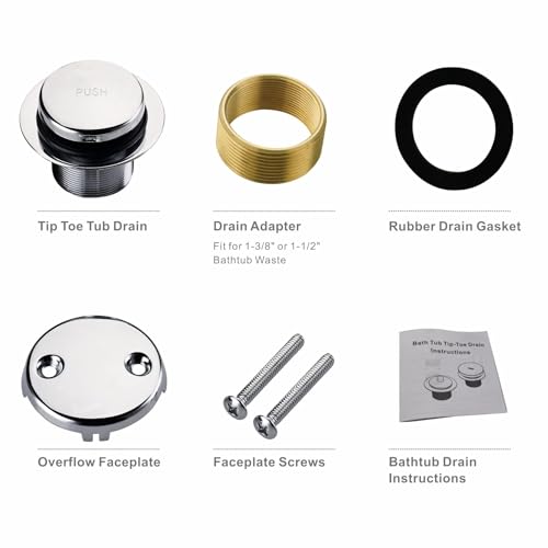 HIDROP Chrome Tip Toe Tub Drain Trim Kit with 2-Hole Overflow Faceplate | Stainless Steel Bathtub Drain, Universal Fine/Coarse Thread fit 1-3/8" or 1-1/2" Tub Drain, Bathtub Conversion Kit - color: Chrome, style: 2 Holes