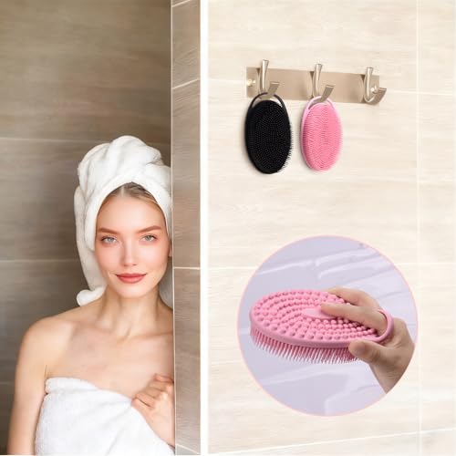 2 Pack Silicone Body Scrubber, Exfoliating Shower Scrubber for All Skin | 2 in 1 dual-sided design, soft bristles and massage bumps side, fast-drying, non-slip handle, for women and men, Black+Pink - color: Black&pink