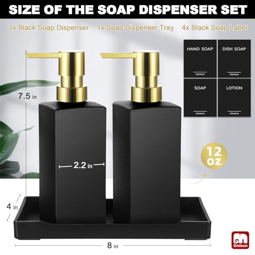 GMISUN Kitchen Soap Dispenser Set with Tray, Dish Soap Dispensers for Kitchen, 12fl oz/350ml Hand and Dish Soap Dispenser Set, Black Soap Dispensers with Gold Pump, Glass Liquid Soap and Lotion Bottle - color: Black Bottle+gold Pump+black Tray