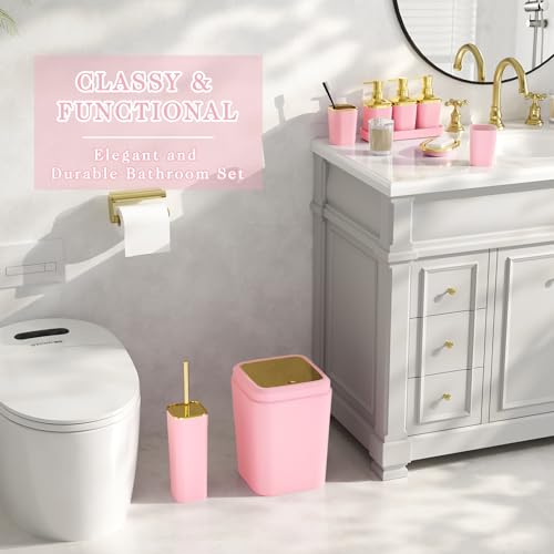 Bathroom Set - 26PC Bathroom Sets with Shower Curtain and Rugs, Bathroom Accessory Set, Pink Bathroom Set, Elegant Bathroom Accessories Set, Shower Curtain Set, Trash Can & Soap Dispensers - color: Light Pink & Gold, size: Bath Set+Shower Curtain+Bath Rug