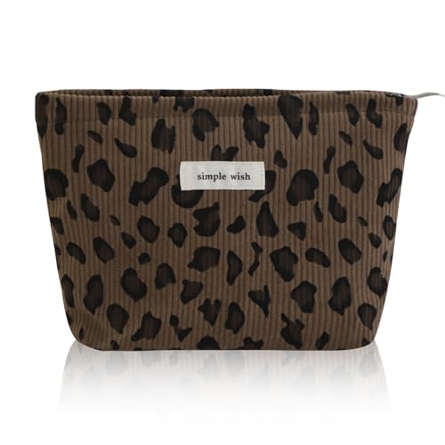 Wudygirl Makeup Bag Travel Cosmetic Bag for Women Small Makeup Pouch with Handle Zipper Cosmetic Pouch Handbag Aesthetic 8.3" x 5.9"(Brown Leopard) - color: Brown Leopard