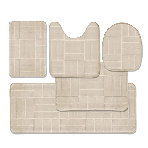 Bathroom Rug Set 5 Piece - Memory Foam Bathroom Mat Set, Soft and Comfortable, Non-Slip Thick Absorbent Bath Mats, Machine Washable, Beige - color: Beige/ Line Design