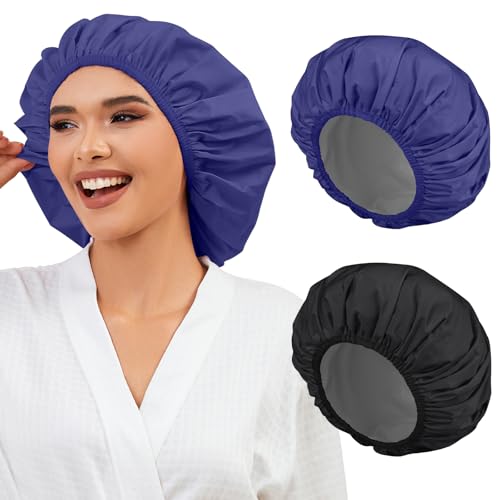 2 Pack Shower Caps for Women, Reusable Waterproof Shower Cap with Elastic Band, Thickened Waterproof Fabric Shower Bonnet for Braids, Long Hair (Black and Blue) - color: Color 02