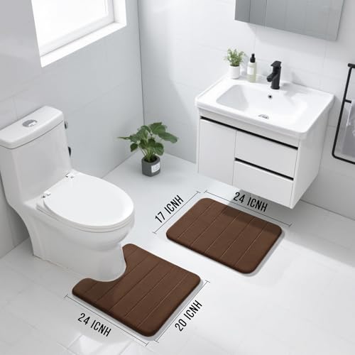 Yimobra U-Shaped Toilet Bath Mat Set 2 Piece - Super Soft Absorbent Quick Dry Memory Foam Bathroom Rugs, Machine Washable Non Slip Floor Carpet for Tub Shower & Single Sink (17x24 & 24x20, Brown) - color: Brown, size: 24x17+24x20 Inch