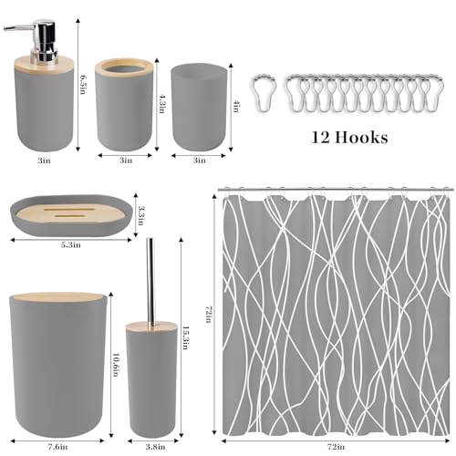 Britimes Bathroom Accessories Set, 19PC Grey Shower Curtain Set with Trash Can, Soap Dispenser, Toilet Brush Holder, Toothbrush Holder and Toothbrush Cup for Bathroom Decor - color: Grey2