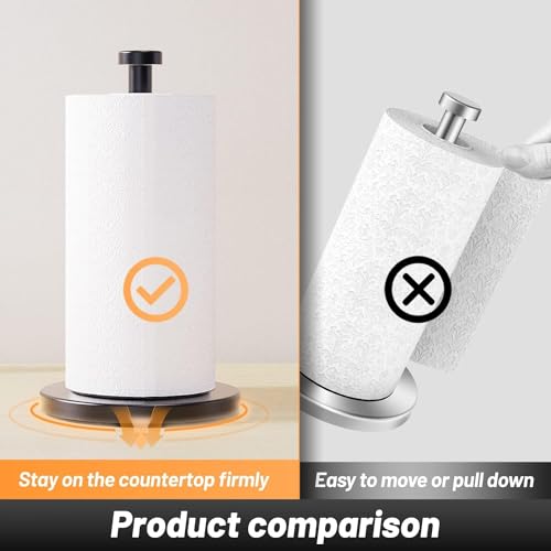 VEHHE Black Paper Towel Holder Countertop, Stainless Steel Paper Towel Holder Stand with Weighted Base Suction Cups for Kitchen Bathroom - color: Suction Base | Black
