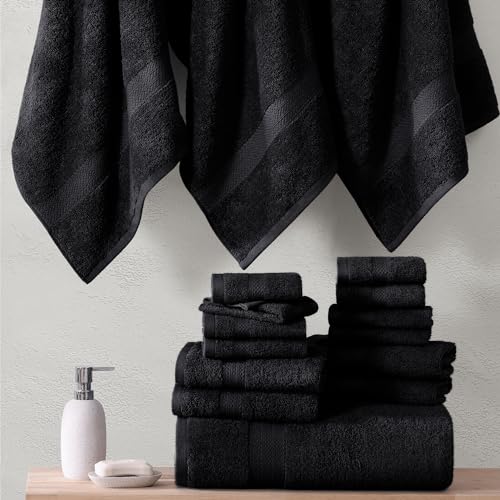 LANE LINEN 100% Cotton Black Towel Set for Bathroom - 18 Piece - Super Soft, Hotel Quality - 4 Bath, 8 Wash Cloths, 6 Hand Towels for Bathroom - Classic, Gentle on Skin, Ideal for Spa & Daily Use - color: 04: Black, size: 18 Piece Towel Set