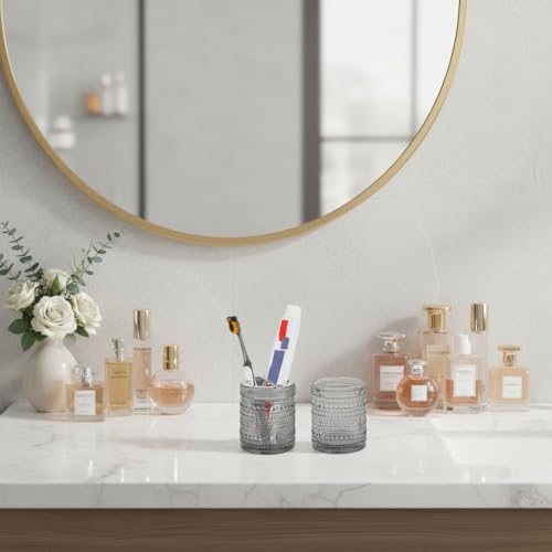 Grey Toothbrush Holders for Bathrooms, Glass Toothbrush Holder with 2 Slot Divider, 10oz Bathroom Tumbler and Mouthwash Cup, Tooth Brush Holder for Brushes, Toothpaste - color: Grey
