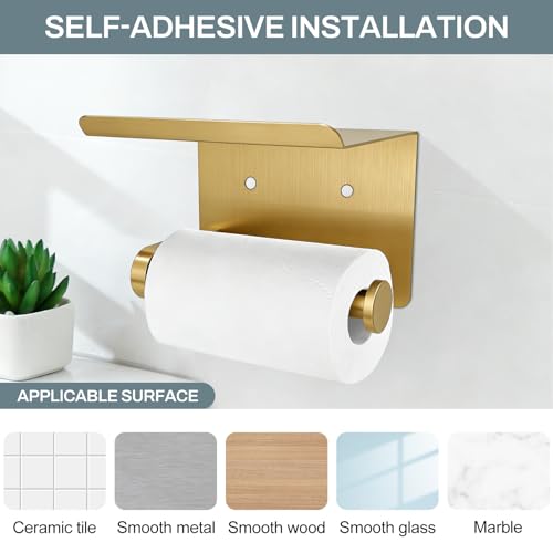 SetSail Toilet Paper Holder with Shelf Adhesive or Screw-in Bathroom Toilet Paper Roll Holders Wall Mount Gold Tissue Holder for Bathroom Hardware Accessories - color: Brushed Gold, size: 1 Packs