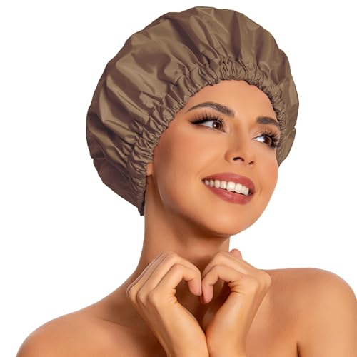 Edoneery Reusable Shower Caps for Women, Waterproof Long Hair Bonnet | Washable Design, Wide Elastic Band, Large Fit, Holds Long Hair, Braids Friendly, Bath Accessories, Spa, Travel - color: Brown