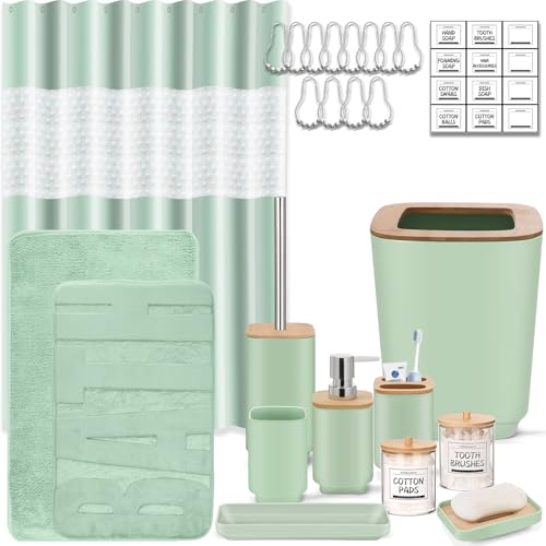 IMAVO Bathroom Accessories Set, Non-Slip Absorbent Pink Bathroom Rugs and Waterproof Shower Curtain with Hooks,Complete Bathroom Set for Bathroom Décor - color: Green, size: 24 Pcs Complete Set+Bath Rugs