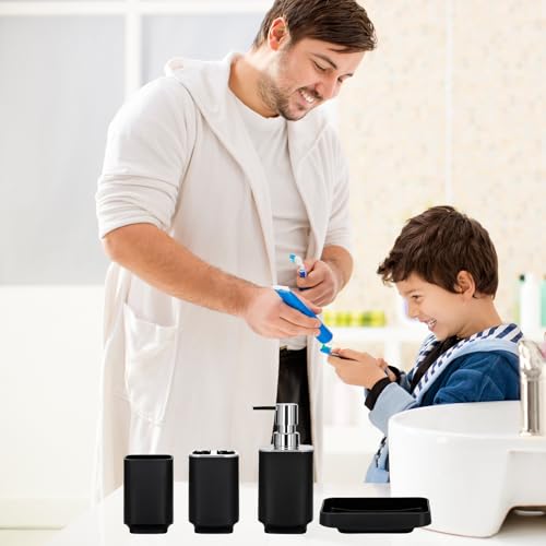 Bathroom Accessory Set 6 Piece Bathroom Accessories Set with Toothbrush Holder&Cup,Soap Dispenser& Dish,Toilet Brush Holder,Trash Can Plastic Gift Set for Bathroom Decorative Countertop (Black - color: Black