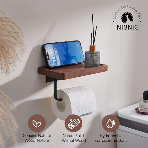 Walnut Wood Toilet Paper Holder with Phone Shelf, Adhesive or Drill Installation Bathroom Washroom Wall Mount Wooden Toilet Tissue Roll Holder with Shelf for Hold Wipes, Cell Phone (Concave) - color: Concave Surface