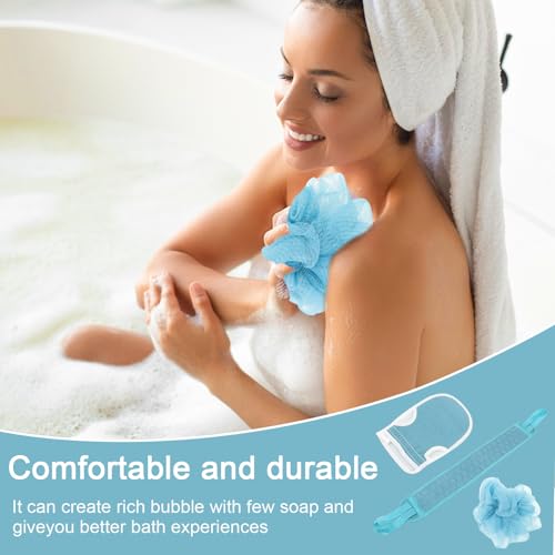 3 Pcs Exfoliating Bath Set with Back Scrubber Strap Shower Glove and Loofah Sponge for Deep Body Cleaning and Full Body Exfoliation(Blue) - color: Blue