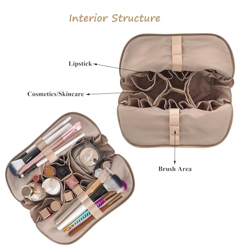 Travel Makeup Bag for Women, Waterproof Stand Up Cosmetic Bag with Brush Holders, Organizer Bag with Compartments, Fold-Down Design for Skincare, Toiletries & Essentials (Camel, Medium) - color: Camel, size: Medium