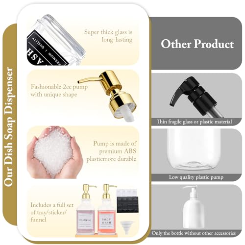 Glass Soap Dispenser with Pump,Tray,Funnel, Countertop Soap and Lotion Dispenser Set of 2 with 60 Stickers, Dish and Hand Soap Dispenser Bottle for Kitchen,Bathroom,Shower,500ml/16.9oz - color: Blk-5070-2g
