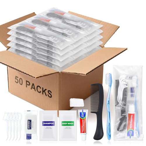 50 Sets Bulk Hygiene Kits for Homeless,Basic Toiletry Kit Homeless Supplies Bulk,Disposable Toothbrushes with Toothpaste and Comb Individually Wrapped,Bath Soap,Shampoo,Body Wash,Floss Pick - size: Pack of 50