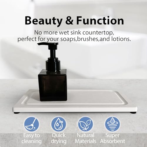 2 PCS Fast-Drying Stone Trays for Bathroom Sink & Kitchen Counter, Water Absorbing Diatomite Sink Coasters, Vanity Tray, Hand Soap Holder with Anti-Skid Pads (9.5" x 4.7" White) - color: 9.5" X 4.7" White