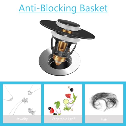 Universal Bathroom Sink Stopper in Brass, 1.04-1.97 Inch Pop Up Basin Sink Drain Stopper, Sink Drain Strainer with Anti Clogging Filter Hair Catcher, Black - color: Black 1.04-1.97" Single Piece